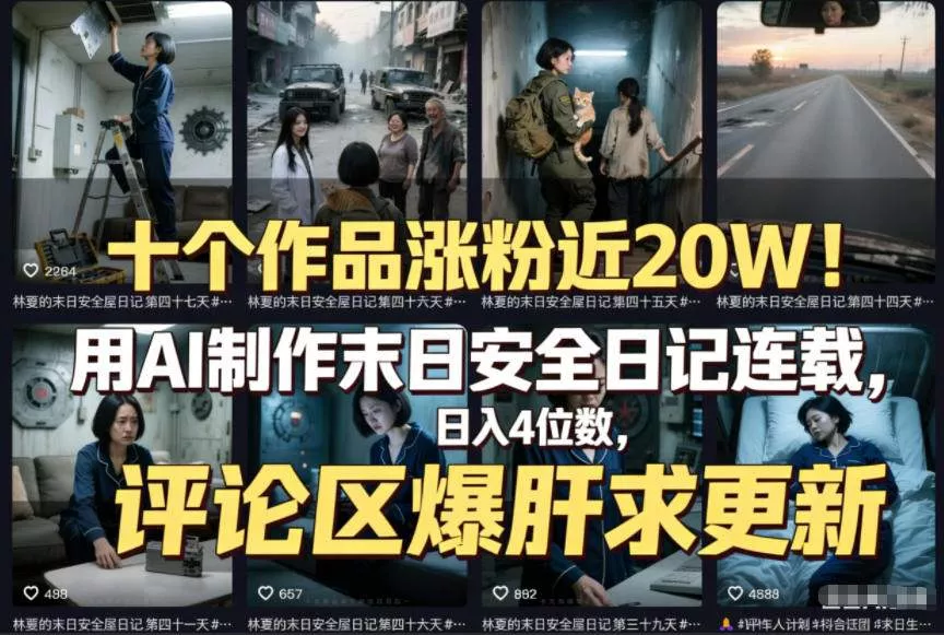 十个作品涨粉近20W!用AI制作末日安全日记连载,日入4位数,评论区爆肝求更新(附详细步骤)