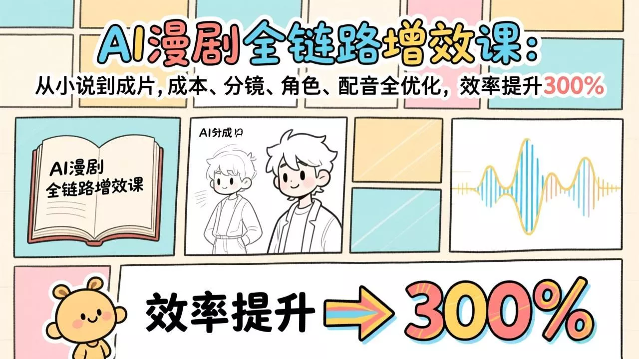 AI漫剧全链路增效课:从小说到成片,成本、分镜、角色、配音全优化,效率提升300% AI漫剧全链路增效课:从小说到成片,成本、分镜、角色、配音全优化,效率提升300%