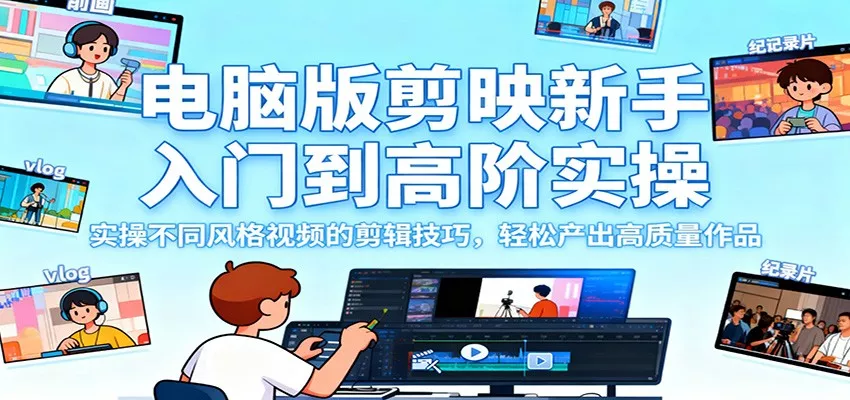 电脑版剪映新手入门到高阶实操，实操不同风格视频的剪辑技巧，轻松产出高质量作品 - 项目资源网