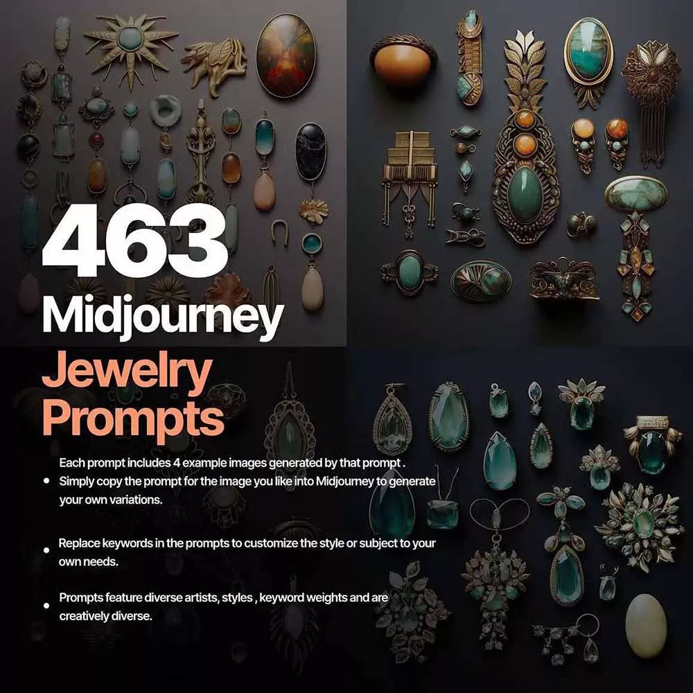 460+专业Midjourney珠宝摄影AI提示词+成效果图，戒指/项链/耳环/手链/宝石/及奢侈配饰等全品类