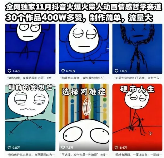 全网独家11月抖音火爆火柴人动画情感哲学赛道,30个作品400W多赞,制作简单,流量大【教学+素材】