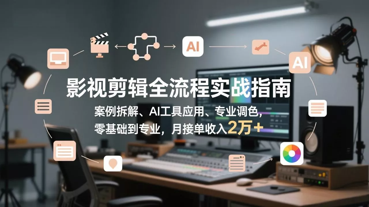 影视剪辑全流程实战指南,案例拆解、AI工具应用、专业调色,零基础到专业,月接单收入2万+ 影视剪辑全流程实战指南,案例拆解、AI工具应用、专业调色,零基础到专业,月接单收入2万+