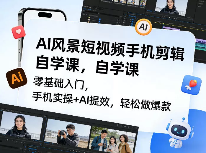 AI风景短视频手机剪辑自学课，零基础入门，手机实操+AI提效，轻松做爆款 - 项目资源网