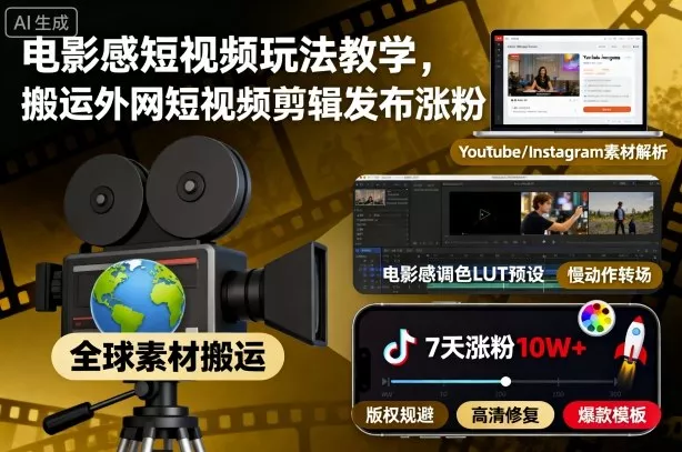 电影感短视频玩法教学,搬运外网短视频剪辑发布涨粉