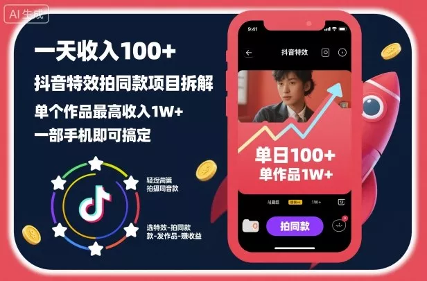 一天收入100+，抖音特效拍同款项目拆解，单个作品最高收入1W+，一部手机即可搞定 - 项目资源网